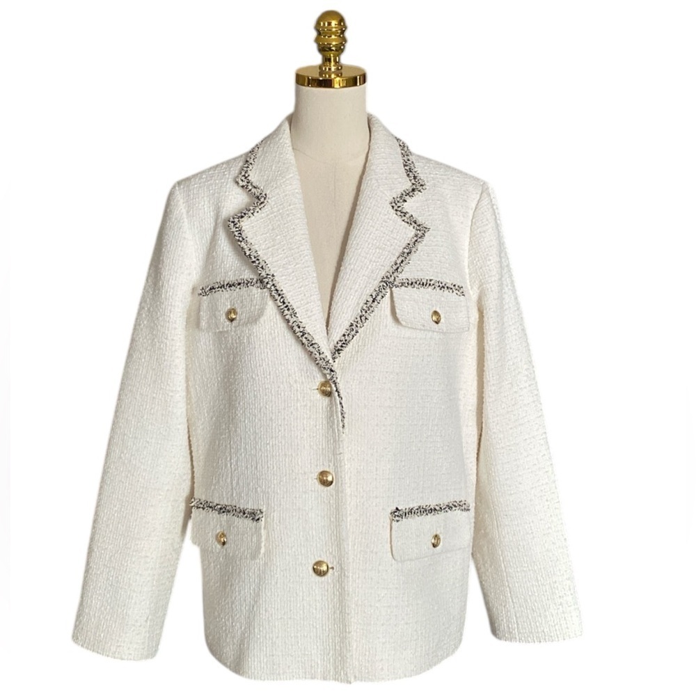 Talbots Women 16 White Tipped Tweed Fringe Trim Gold-Tone Buttons Office Blazer
